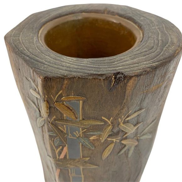 Asian Hand Carved Wood Brush Pot Vase Bamboo Painting 0792 - Picture 2 of 9